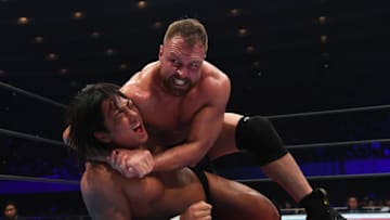 OSAKA, JAPAN - JUNE 09: Jon Moxley and Shota Umino compete in the bout during the Dominion 6.9 In Osaka-Jo Hall of NJPW on June 09, 2019 in Osaka, Japan. (Photo by Etsuo Hara/Getty Images)