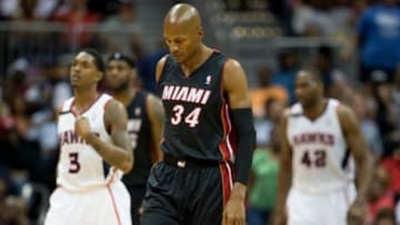 Apr 12, 2014; Atlanta, GA, USA; Miami Heat guard Ray Allen (34) reacts during the fourth quarter against Atlanta Hawks at Philips Arena. The Hawks won 98-85. Mandatory Credit: Kevin Liles-USA TODAY Sports