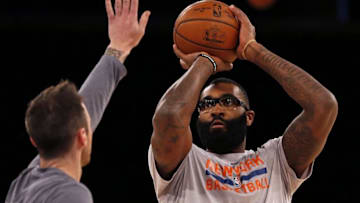 Nov 22, 2016; New York, NY, USA; New York Knicks center Kyle O'Quinn (9) warms up prior to taking on the Portland Trail Blazers at Madison Square Garden. Mandatory Credit: Adam Hunger-USA TODAY Sports