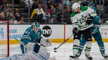 Jan 18, 2023; San Jose, California, USA; San Jose Sharks goaltender James Reimer (47) makes a save in front of Dallas Stars center Tyler Seguin (91) during the third period at SAP Center at San Jose. Mandatory Credit: Neville E. Guard-USA TODAY Sports