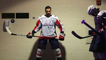 NEW YORK, NEW YORK - MAY 05: Tom Wilson #43 of the Washington Capitals prepares for warm-ups prior to the game against the New York Rangers at Madison Square Garden on May 05, 2021 in New York City. (Photo by Bruce Bennett/Getty Images)