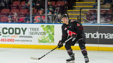 KELOWNA, BC - JANUARY 16:Jett Woo #4 of the Moose Jaw Warriors skates against the Kelowna Rockets at Prospera Place on January 16, 2019 in Kelowna, Canada. (Photo by Marissa Baecker/Getty Images)