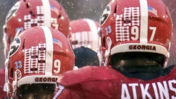 Oct 3, 2015; Athens, GA, USA; General view of the number 33 on the helmets of Georgia Bulldogs players for Southern University injured player Devon Gales during the third quarter against the Alabama Crimson Tide at Sanford Stadium. Mandatory Credit: Dale Zanine-USA TODAY Sports