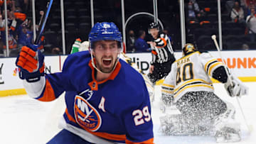 Brock Nelson #29 of the New York Islanders scores against the Boston Bruins at 5:20 of the second period in Game Six of the Second Round of the 2021 NHL Stanley Cup Playoffs at the Nassau Coliseum on June 09, 2021 in Uniondale, New York. (Photo by Bruce Bennett/Getty Images)