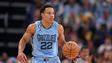 MEMPHIS, TENNESSEE - APRIL 26: Desmond Bane #22 of the Memphis Grizzlies brings the ball upcourt against the Los Angeles Lakers during Game Five of the Western Conference First Round Playoffs at FedExForum on April 26, 2023 in Memphis, Tennessee. NOTE TO USER: User expressly acknowledges and agrees that, by downloading and or using this photograph, User is consenting to the terms and conditions of the Getty Images License Agreement. (Photo by Justin Ford/Getty Images)
