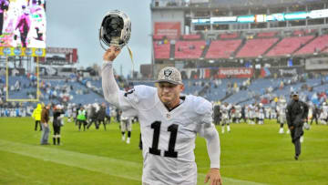 Nov 29, 2015; Nashville, TN, USA; Oakland Raiders kicker Sebastian Janikowski (11) leaves the field after his team defeated the Tennessee Titans during the second half at Nissan Stadium. Oakland won 24-21. Mandatory Credit: Jim Brown-USA TODAY Sports