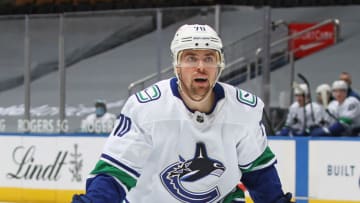 TORONTO, ON - FEBRUARY 4: Tanner Pearson #70 of the Vancouver Canucks skates against the Toronto Maple Leafs during an NHL game at Scotiabank Arena on February 4, 2021 in Toronto, Ontario, Canada. The Maple Leafs defeated the Canucks 7-3.(Photo by Claus Andersen/Getty Images)