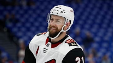 TAMPA, FL - JANUARY 09: Arizona Coyotes center Derek Stepan (21) before the NHL game between the Arizona Coyotes and Tampa Bay Lightning on January 09, 2020 at Amalie Arena in Tampa, FL. (Photo by Mark LoMoglio/Icon Sportswire via Getty Images)
