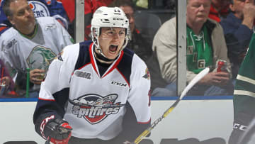 LONDON, ON - MARCH 26: Gabriel Vilardi #13 of the Windsor Spitfires celebrates a goal against the London Knights during Game Two of the OHL Western Conference Quarter Finals at Budweiser Gardens on March 26, 2017 in London, Ontario, Canada. The Knights defeated the Spitfires 5-2 to even the series 1-1. (Photo by Claus Andersen/Getty Images)