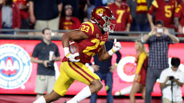 LOS ANGELES, CA - NOVEMBER 18: Velus Jones Jr. #23 of the USC Trojans runs the ball down field during the NCAA college football game against the UCLA Bruins at the Los Angeles Memorial Coliseum on November 18, 2017 in Los Angeles, California. (Photo by Josh Lefkowitz/Getty Images)