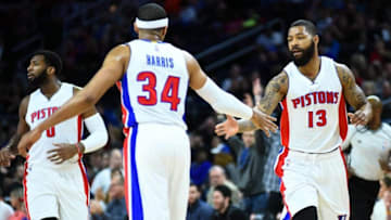 Apr 1, 2016; Auburn Hills, MI, USA; Detroit Pistons forward Marcus Morris (13) high fives forward Tobias Harris (34) during the first quarter at The Palace of Auburn Hills. Mandatory Credit: Tim Fuller-USA TODAY Sports