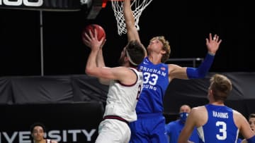 Mar 9, 2021; Las Vegas, NV, USA; Gonzaga Bulldogs forward Drew Timme (2) is defended by BYU Cougars forward Caleb Lohner (33) in the first half of the West Coast Conference Tournament championship at Orleans Arena. Mandatory Credit: Kirby Lee-USA TODAY Sports