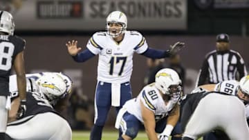 Dec 24, 2015; Oakland, CA, USA; San Diego Chargers quarterback Philip Rivers (17) calls out to teammates before the snap against the Oakland Raiders during the fourth quarter at O.co Coliseum. The Oakland Raiders defeated the San Diego Chargers 23-20. Mandatory Credit: Kelley L Cox-USA TODAY Sports