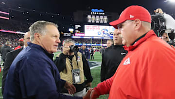 FOXBOROUGH, MA - OCTOBER 14: Foxborough MA 10/14/18 New England Patriots head coach Bill Belichick shaking hands with Kansas City Chiefs head coach Andy Reid after the Patriots defeated the Chiefs 43-40 at Gillette Stadium in Foxborough on Oct. 14, 2018. (Photo by Matthew J. Lee/The Boston Globe via Getty Images)
