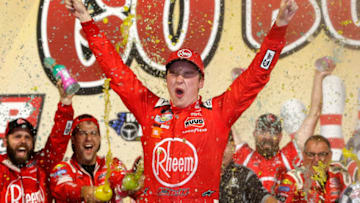 RICHMOND, VA - SEPTEMBER 21: Christopher Bell, driver of the #20 Rheem Toyota, celebrates in Victory lane after winning the NASCAR Xfinity Series Go Bowling 250 at Richmond Raceway on September 21, 2018 in Richmond, Virginia. (Photo by Brian Lawdermilk/Getty Images)
