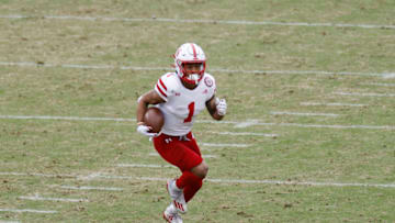 WEST LAFAYETTE, IN - DECEMBER 05: Wan'Dale Robinson #1 of the Nebraska Cornhuskers runs with the ball after a reception against the Purdue Boilermakers during the game at Ross-Ade Stadium on December 5, 2020 in West Lafayette, Indiana. Nebraska defeated Purdue 37-27. (Photo by Joe Robbins/Getty Images)