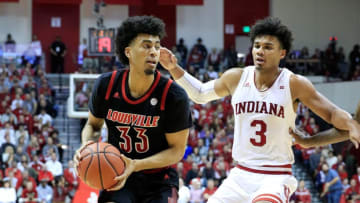 BLOOMINGTON, IN - DECEMBER 08: Jordan Nwora #33 of the Indiana Hoosiers dribbles the ball against the Louisville Cardinals at Assembly Hall on December 8, 2018 in Bloomington, Indiana. (Photo by Andy Lyons/Getty Images)