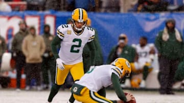 EAST RUTHERFORD, NEW JERSEY - DECEMBER 01: (NEW YORK DAILIES OUT) Mason Crosby #2 of the Green Bay Packers in action against the New York Giants at MetLife Stadium on December 01, 2019 in East Rutherford, New Jersey. The Packers defeated the Giants 31-13. (Photo by Jim McIsaac/Getty Images)