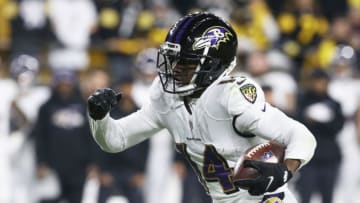 Dec 5, 2021; Pittsburgh, Pennsylvania, USA; Baltimore Ravens wide receiver Sammy Watkins (14) runs after a catch against the Pittsburgh Steelers during the fourth quarter at Heinz Field.Pittsburgh won 20-19. Mandatory Credit: Charles LeClaire-USA TODAY Sports