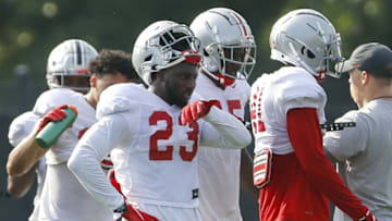 Ohio State Buckeyes safety Marcus Hooker (23) rests between drills during football training camp at the Woody Hayes Athletic Center in Columbus on Friday, Aug. 6, 2021.Ohio State Football Training Camp