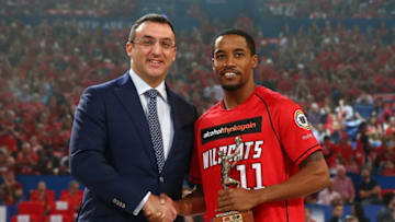 PERTH, AUSTRALIA - MARCH 09: NBL CEO Jeremy Loeliger presents Bryce Cotton of the Wildcats his MVP award during game two of the NBL Semi Final series between the Adelaide 36ers and the Perth Wildcats at Perth Arena on March 9, 2018 in Perth, Australia. (Photo by Paul Kane/Getty Images)