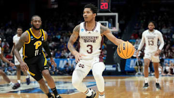 DAYTON, OHIO - MARCH 14: Shakeel Moore #3 of the Mississippi State Bulldogs drives to the basket against the Pittsburgh Panthers during the first half in the First Four game of the NCAA Men's Basketball Tournament at University of Dayton Arena on March 14, 2023 in Dayton, Ohio. (Photo by Dylan Buell/Getty Images)
