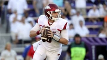 Sep 10, 2016; Fort Worth, TX, USA; Arkansas Razorbacks quarterback Austin Allen (8) throws during the first quarter against the TCU Horned Frogs at Amon G. Carter Stadium. Mandatory Credit: Kevin Jairaj-USA TODAY Sports