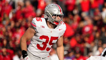 Nov 4, 2023; Piscataway, New Jersey, USA; Ohio State Buckeyes linebacker Tommy Eichenberg (35) lines up for a play during the NCAA football game against the Rutgers Scarlet Knights at SHI Stadium. Ohio State won 35-16.