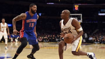 Nov 15, 2015; Los Angeles, CA, USA; Los Angeles Lakers forward Kobe Bryant (24) handles the ball against Detroit Pistons forward Marcus Morris (13) during the first quarter at Staples Center. Mandatory Credit: Richard Mackson-USA TODAY Sports