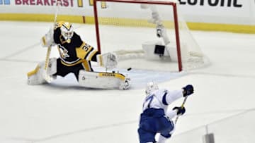 May 13, 2016; Pittsburgh, PA, USA; Tampa Bay Lightning left wing Jonathan Drouin (27) scores a goal against Pittsburgh Penguins goalie Matt Murray (30) during the second period in game one of the Eastern Conference Final of the 2016 Stanley Cup Playoffs at CONSOL Energy Center. Mandatory Credit: Don Wright-USA TODAY Sports