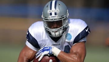 Aug 1, 2016; Irvine, CA, USA; Dallas Cowboys running back Darius Jackson (34) carries the ball at training camp at the River Ridge Fields. Mandatory Credit: Kirby Lee-USA TODAY Sports