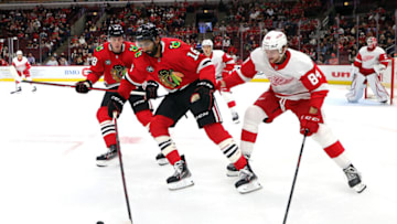CHICAGO, ILLINOIS - SEPTEMBER 29: Jujhar Khaira #16 of the Chicago Blackhawks works for a loose puck against Alex Cotton #84 of the Detroit Red Wings during the second period of a preseason game at the United Center on September 29, 2021 in Chicago, Illinois. (Photo by Stacy Revere/Getty Images)