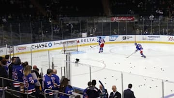 NEW YORK, NY - MARCH 26: The New York Rangers send Lias Andersson #50 and Filip Chytil #72 out for warmups as the rest of the team waits in the tunnel prior to the game against the Washington Capitals at Madison Square Garden on March 26, 2018 in New York City. The practice is done by many NHL teams to acknowledge rookies as Andersson will be playing in his first NHL game. (Photo by Bruce Bennett/Getty Images)