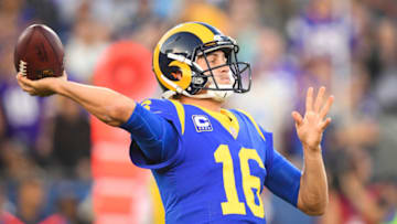 LOS ANGELES, CA - SEPTEMBER 27: Quarterback Jared Goff #16 of the Los Angeles Rams throws for a touchdown to take a 14-10 lead over the Minnesota Vikings in the second quarter at Los Angeles Memorial Coliseum on September 27, 2018 in Los Angeles, California. (Photo by Harry How/Getty Images)