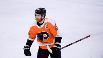 PHILADELPHIA, PA - APRIL 05: Philadelphia Flyers Left Wing Claude Giroux (28) skates toward the bench after scoring his career high 31st goal of the season in the third period during the game between the Carolina Hurricanes and Philadelphia Flyers on April 05, 2018 at Wells Fargo Center in Philadelphia, PA. (Photo by Kyle Ross/Icon Sportswire via Getty Images)