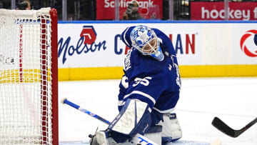 Sep 24, 2022; Toronto, Ontario, CAN; Toronto Maple Leafs goaltender Ilya Samsonov (35) makes a save against the Ottawa Senators during the first period at Scotiabank Arena. Mandatory Credit: John E. Sokolowski-USA TODAY Sports