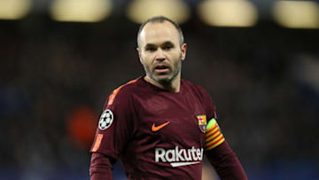 LONDON, ENGLAND - FEBRUARY 20: Andres Iniesta of FC Barcelona during the UEFA Champions League Round of 16 First Leg match between Chelsea FC and FC Barcelona at Stamford Bridge on February 20, 2018 in London, United Kingdom. (Photo by Matthew Ashton - AMA/Getty Images)