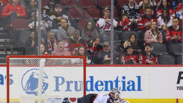 Oct 30, 2022; Newark, New Jersey, USA; New Jersey Devils left wing Jesper Bratt (63) (not shown) scores a goal on Columbus Blue Jackets goaltender Elvis Merzlikins (90) during the third period at Prudential Center. Mandatory Credit: Ed Mulholland-USA TODAY Sports