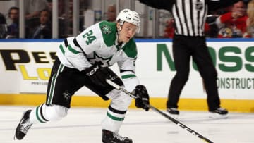 SUNRISE, FL - FEBRUARY 12: Roope Hintz #24 of the Dallas Stars skates with the puck against the Florida Panthers at the BB&T Center on February 12, 2019 in Sunrise, Florida. (Photo by Eliot J. Schechter/NHLI via Getty Images)