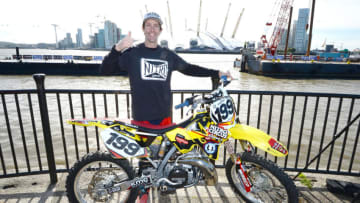 Nitro Circus ringleader and American professional motorsports competitor and stunt rider Travis Pastrana who performed back-flips on a motorcycle between two floating barges in the River Thames, London, ahead of the opening at the Birmingham Arena in November of 'Nitro Circus: You Got This', which will visit 10 cities in six countries across the continent. (Photo by John Stillwell/PA Images via Getty Images)