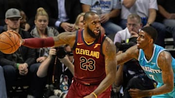 CHARLOTTE, USA - NOVEMBER 15: LeBron James (23) of Cleveland Cavaliers protects the ball during the NBA match between Cleveland Cavaliers vs Charlotte Hornets at the Spectrum arena in Charlotte, NC, United States on November 15, 2017 (Photo by Peter Zay/Anadolu Agency/Getty Images)