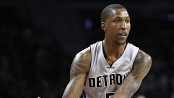 Mar 26, 2016; Auburn Hills, MI, USA; Detroit Pistons guard Kentavious Caldwell-Pope (5) passes the ball during the first quarter against the Atlanta Hawks at The Palace of Auburn Hills. Mandatory Credit: Raj Mehta-USA TODAY Sports