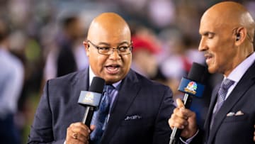 PHILADELPHIA, PA - SEPTEMBER 6: Mike Tirico participates in NBC Sports broadcast before the game between the Philadelphia Eagles and the Atlanta Falcons at Lincoln Financial Field on September 6, 2018 in Philadelphia, Pennsylvania. Eagles defeat the Falcons 18-12. (Photo by Brett Carlsen/Getty Images)