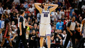 MIAMI, FLORIDA - JANUARY 20: Nemanja Bjelica #88 of the Sacramento Kings reacts against the Miami Heat in overtime at American Airlines Arena on January 20, 2020 in Miami, Florida. NOTE TO USER: User expressly acknowledges and agrees that, by downloading and/or using this photograph, user is consenting to the terms and conditions of the Getty Images License Agreement. (Photo by Michael Reaves/Getty Images)