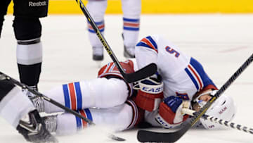 Dan Girardi #5 of the New York Rangers blocks the puck with his body i(Photo by Harry How/Getty Images)