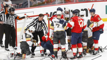 SUNRISE, FL - MARCH 7: The two teams come together after Radko Gudas #7 of the Florida Panthers was hit from behind by Brett Howden #21 of the Vegas Golden Knights at the FLA Live Arena on March 7, 2023 in Sunrise, Florida. (Photo by Joel Auerbach/Getty Images)