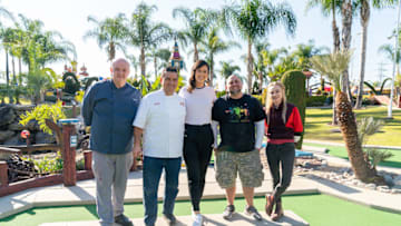 Team Buddy featuring Mauro Castano and Buddy Valastro with Michelle Wie and Team Duff featuring Duff Goldman and Natalie Sideserf, as seen on Buddy vs Duff, Season 2. Photos courtesy of Food Network