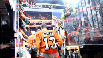 Feb 6, 2023; Philadelphia, Pennsylvania, USA; Philadelphia Flyers center Kevin Hayes (13) walks towards the ice for warmups against the New York Islanders at Wells Fargo Center. Mandatory Credit: Eric Hartline-USA TODAY Sports