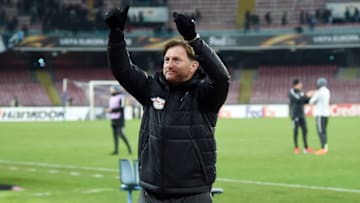 NAPLES, ITALY - FEBRUARY 15: Coach of RB Leipzig Ralph Hasenhuttl celebrates the victory after UEFA Europa League Round of 32 match between Napoli and RB Leipzig at the Stadio San Paolo on February 15, 2018 in Naples, Italy. (Photo by Francesco Pecoraro/Getty Images)