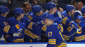 Sep 27, 2022; Buffalo, New York, USA; Buffalo Sabres left wing Brandon Biro (17) celebrates his goal with teammates during the first period against the Philadelphia Flyers at KeyBank Center. Mandatory Credit: Timothy T. Ludwig-USA TODAY Sports